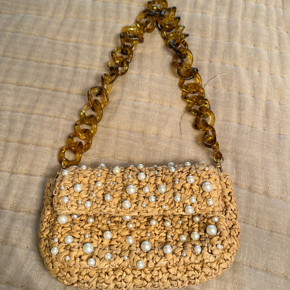 anthropologie pearl raffia bag with tortoise shell chain